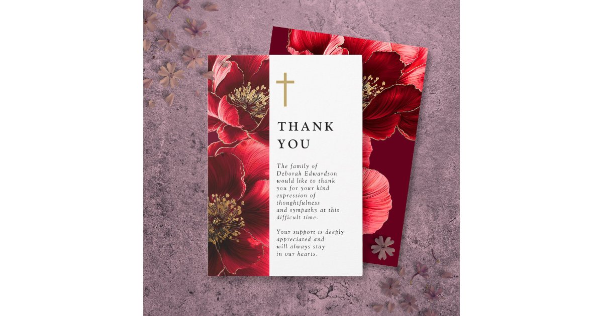 Red Christian Floral Celebration Of Life Thank You Card | Zazzle