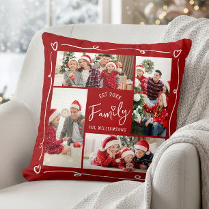 Red Christmas 4 Photo Family Year Est Doodle Heart Throw Pillow
