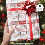 Red Christmas 8 Photo Collage Personalized Custom Wrapping Paper<br><div class="desc">Create your own personalized, custom greeting and choice of color repeating photo collage Christmas novelty wrapping paper featuring this easy-to-upload photo collage template with 8 pictures in various shapes and sizes, both horizontal and vertical, to accommodate a wide variety of photo subjects, the suggested editable greeting MERRY CHRISTMAS in a...</div>