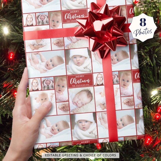 Red Christmas 8 Photo Collage Personalized Custom Wrapping Paper (Creator Uploaded)