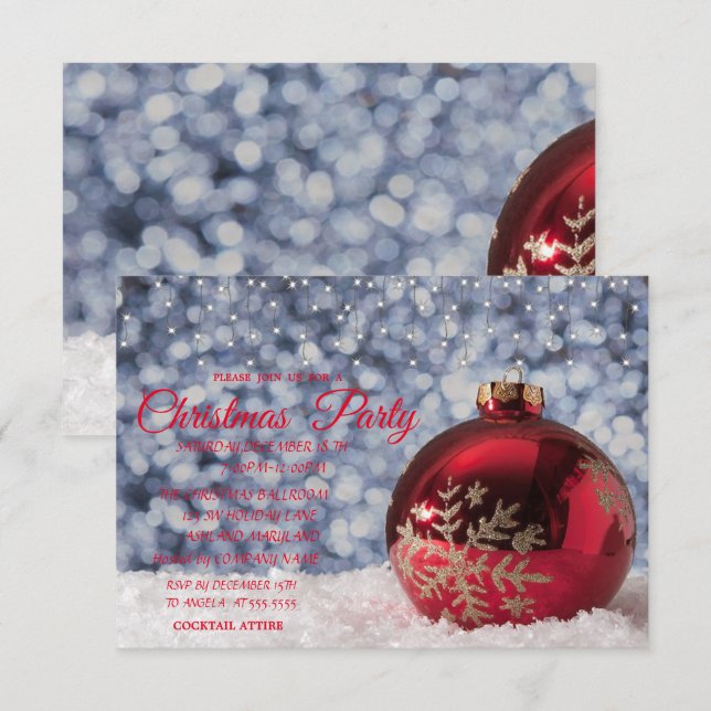 Red Christmas Ball,Bokeh Company Christmas Party Invitation (Front/Back)