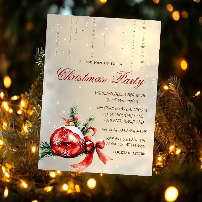 Red Christmas Ball,Bow Party Invitation (Creator Uploaded)