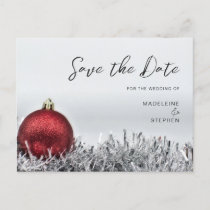 Red Christmas ball & silver garland Save the Date Postcard