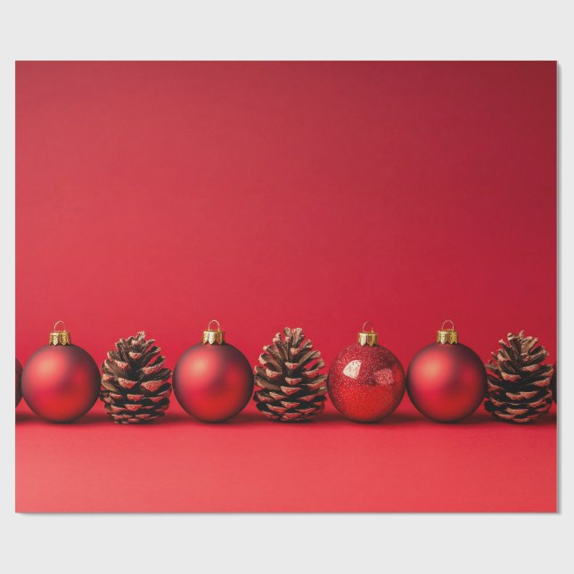 Red Christmas Balls and Pinecones  Wrapping Paper (Flat)