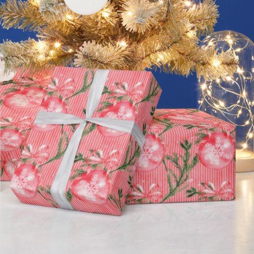 Red Christmas Balls  and Red and White Stripes Wrapping Paper