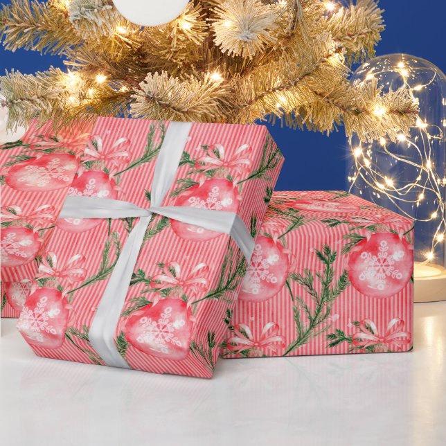 Red Christmas Balls  and Red and White Stripes Wrapping Paper (Holidays)