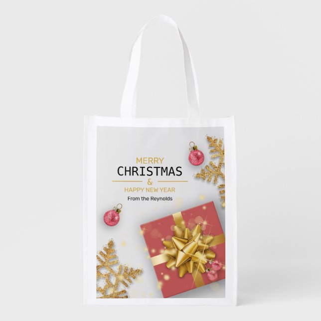 Red Christmas Balls Gift Box Gold Snowflakes Grocery Bag (Front)