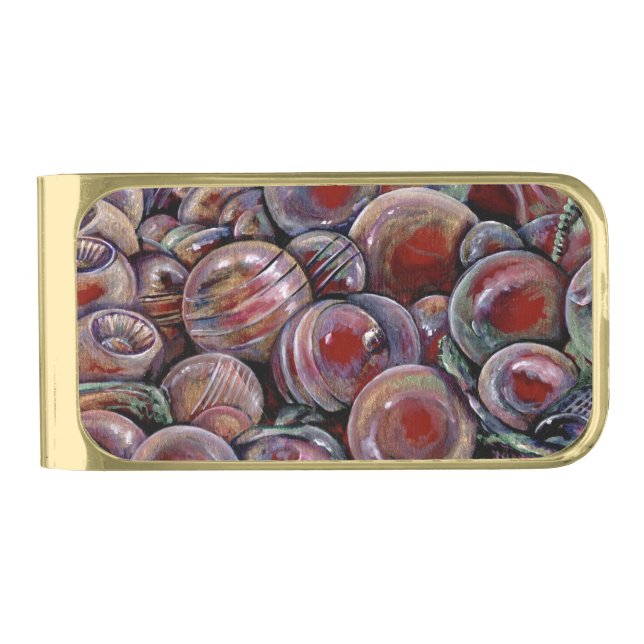Red Christmas Balls Gold Finish Money Clip (Front)