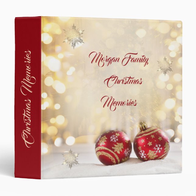 Red Christmas Balls Gold Snowflakes  3 Ring Binder (Front/Spine)