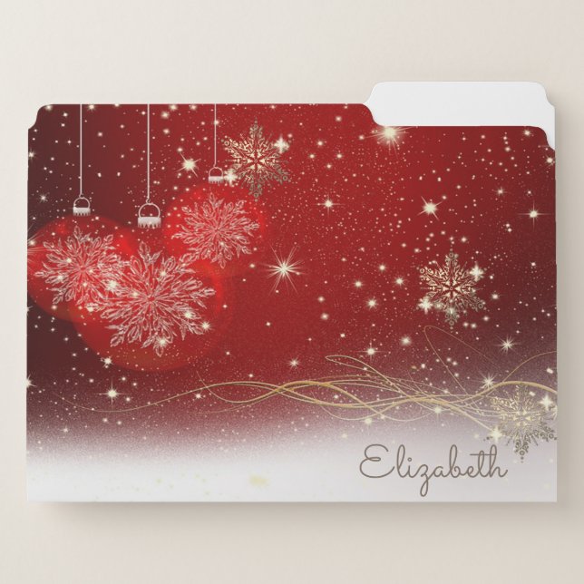 Red Christmas Balls, Gold Snowflakes- Personalized File Folder (Front Right)