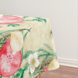 Red Christmas Balls Gold Stripes White Flowers Tablecloth