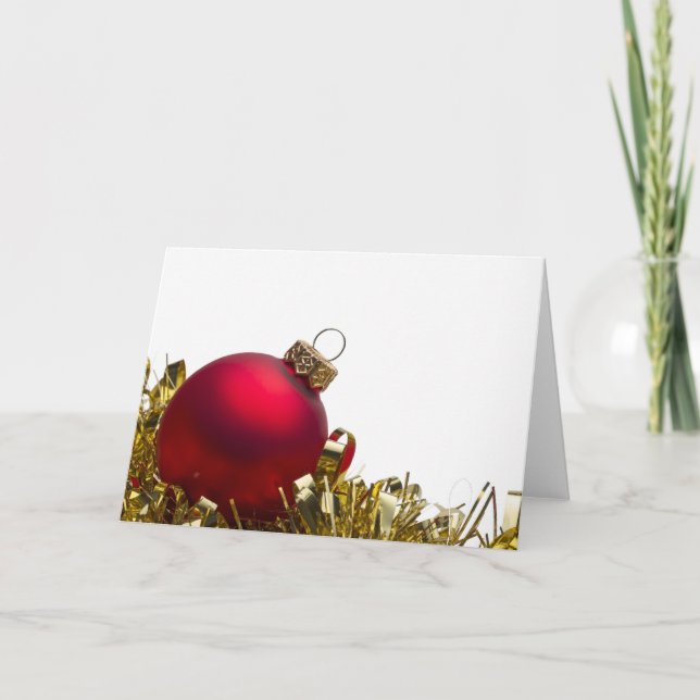Red Christmas bauble and gold tinsel on white Holiday Card (Front)