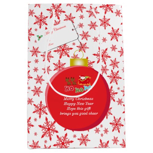 Red Christmas Bauble Santa  Sleigh Snowflakes Medium Gift Bag