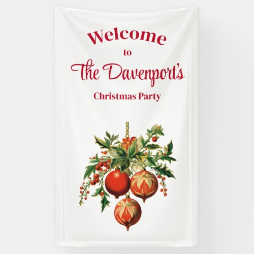 Red Christmas Baubles with Holly Festive Banner