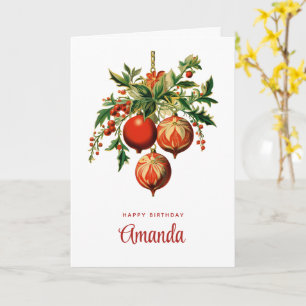Red Christmas Baubles with Holly Festive Card