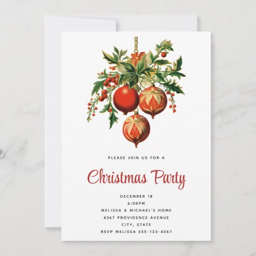 Red Christmas Baubles with Holly Festive Invitation