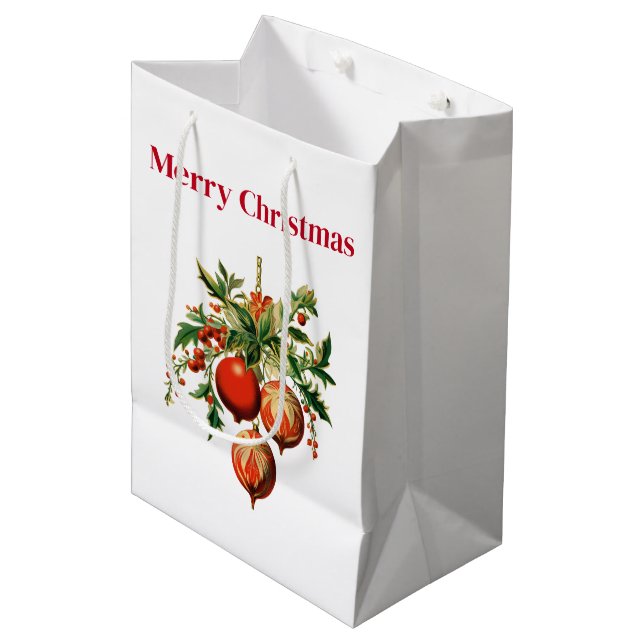 Red Christmas Baubles with Holly Festive Medium Gift Bag (Front Angled)