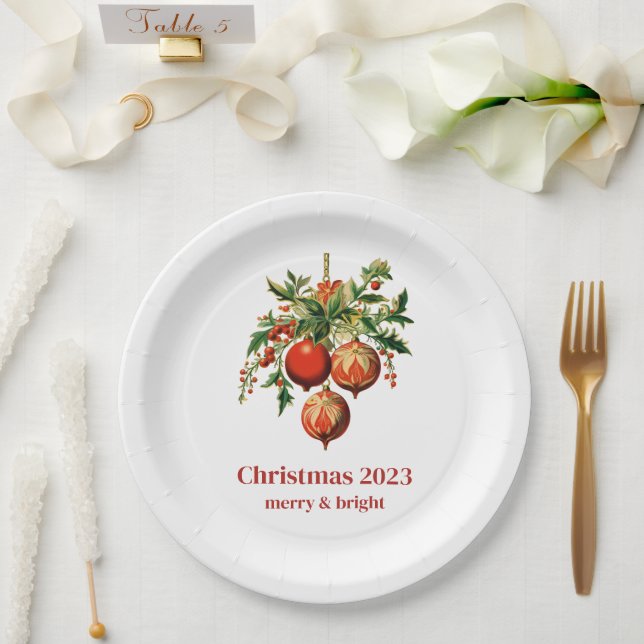 Red Christmas Baubles with Holly Festive Paper Plates (Wedding)