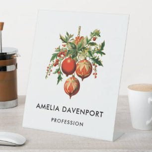 Red Christmas Baubles with Holly Festive Pedestal Sign