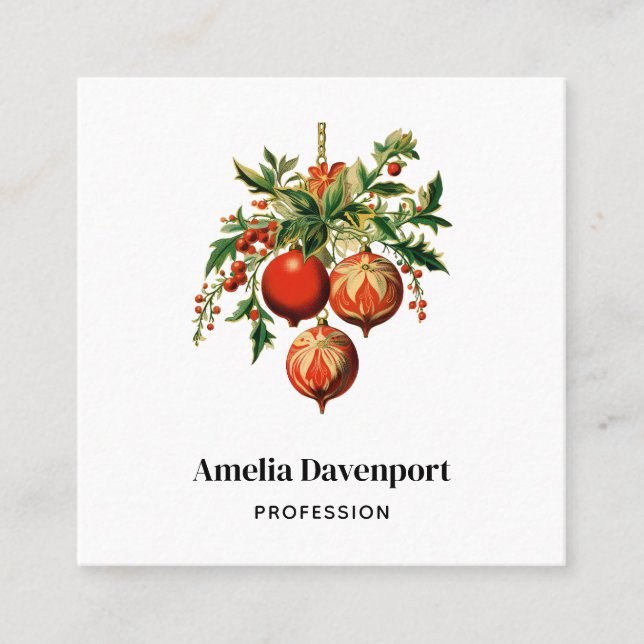 Red Christmas Baubles with Holly Festive Square Business Card (Front)