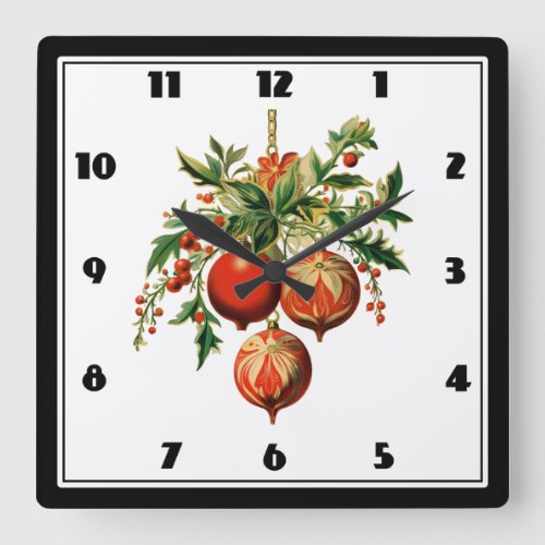Red Christmas Baubles with Holly Festive Square Wall Clock