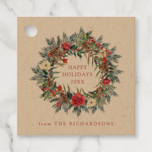 Red Christmas Berries and Pine Wreath Kraft Favor Tags
