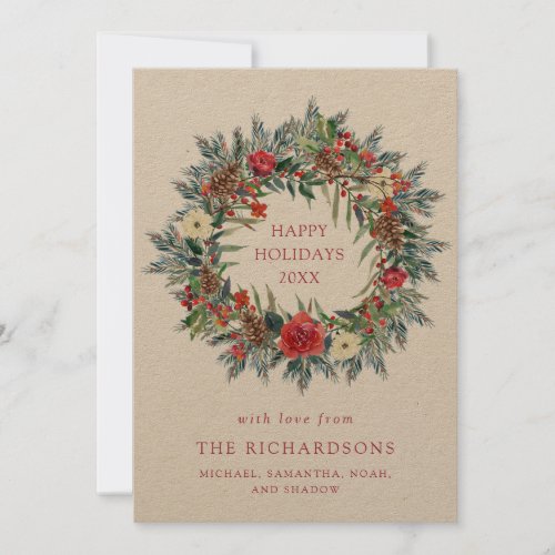 Red Christmas Berries and Pine Wreath Kraft Holiday Card