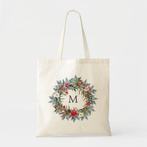 Red Christmas Berries and Pine Wreath  Monogram Tote Bag
