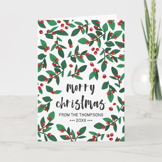 Red Christmas Berries Brush Script Merry Christmas Holiday Card (Front)