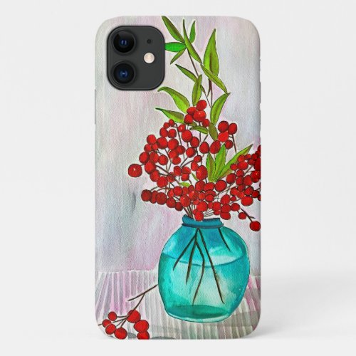 Red Christmas Berries watercolor fine art iPhone 11 Case