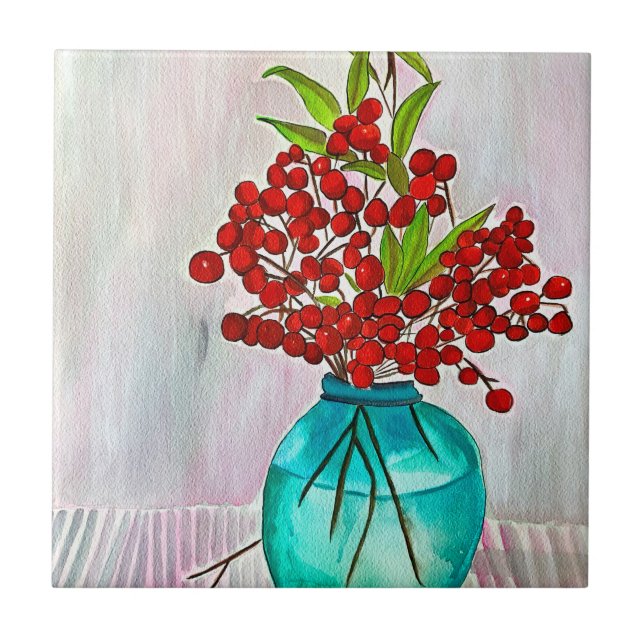 Red Christmas Berries watercolor fine art Ceramic Tile (Front)