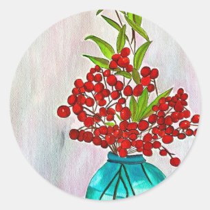 Red Christmas Berries watercolor fine art Classic Round Sticker