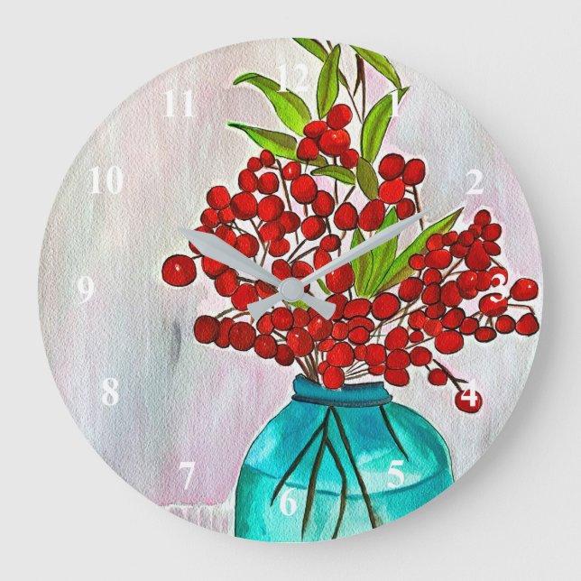 Red Christmas Berries watercolor fine art Large Clock (Front)