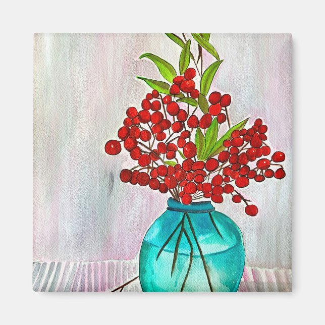 Red Christmas Berries watercolor fine art Magnet (Front)
