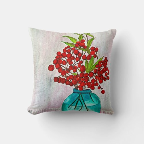 Red Christmas Berries watercolor fine art Throw Pillow