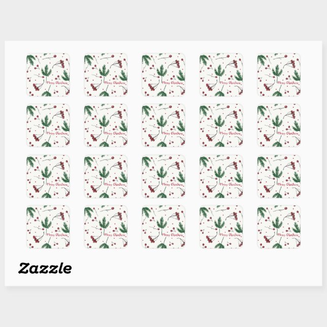 Red Christmas berries with pine green Square Sticker (Sheet)