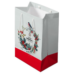 Red Christmas berries wreath & bullfinch Medium Gift Bag