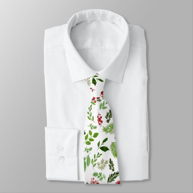 Red Christmas Berry Holly Leaves Pattern Holiday Neck Tie (Tied)