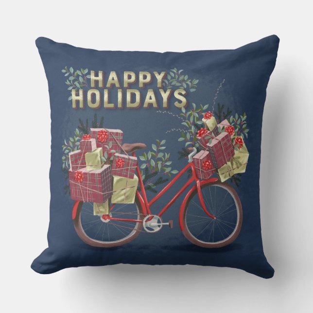 Red Christmas Bicycle with Presents Throw Pillow (Front)