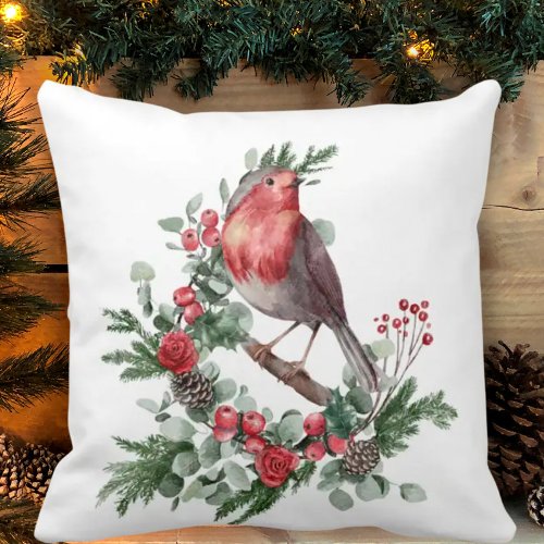Red Christmas Bird Holly Berry Pine Cone Branches Throw Pillow