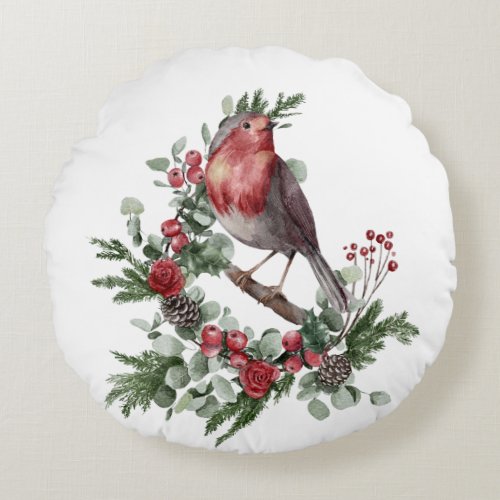 Red Christmas Bird Holly Pine Cone Branches    Round Pillow