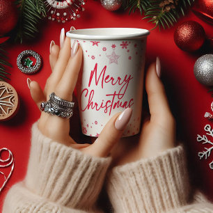 Red Christmas Border Snowflakes & Star Ornaments Paper Cups