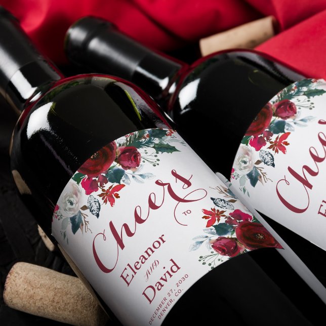 Red Christmas botanical floral cheers wedding Wine Label (Creator Uploaded)