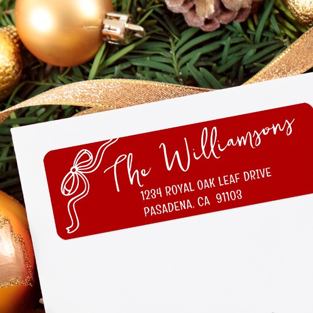 Red Christmas Bow Hand Drawn Doodle Script Address Label (Creator Uploaded)
