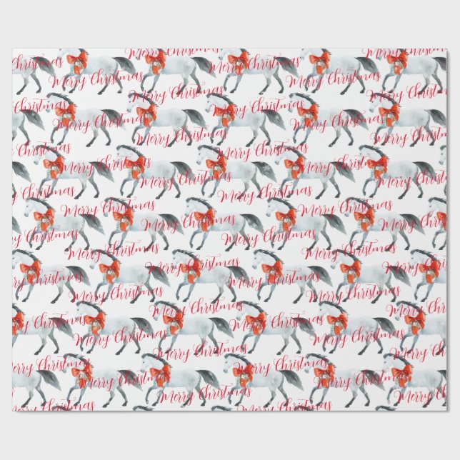 Red Christmas Bows On White Horses Merry Christmas Wrapping Paper (Flat)