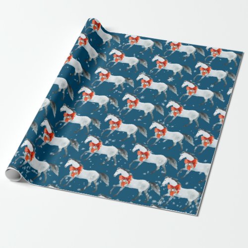Red Christmas Bows On White Horses Teal Night Sky Wrapping Paper