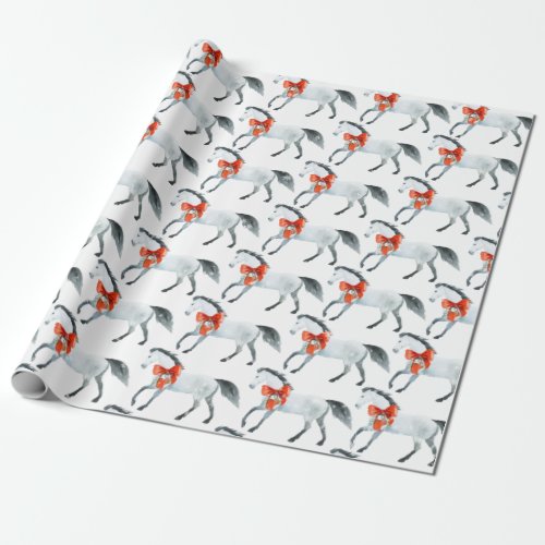 Red Christmas Bows On White Horses White Wrapping Paper