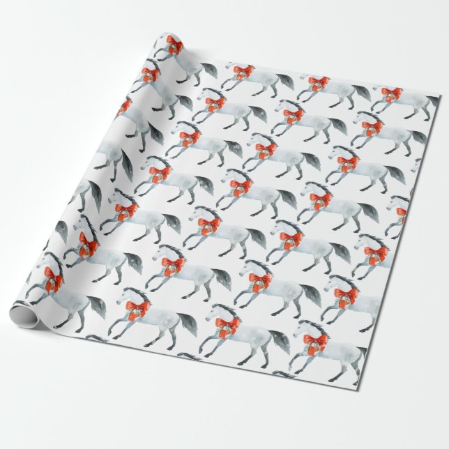 Red Christmas Bows On White Horses White Wrapping Paper (Unrolled)