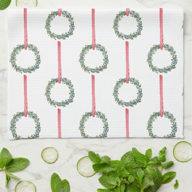 Red Christmas Boxwood Wreath Kitchen Towel (Folded)