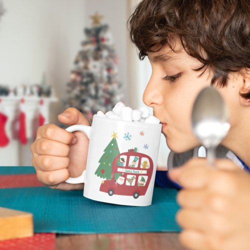 Red Christmas Bus Tree Child Name Love Santa  Coffee Mug